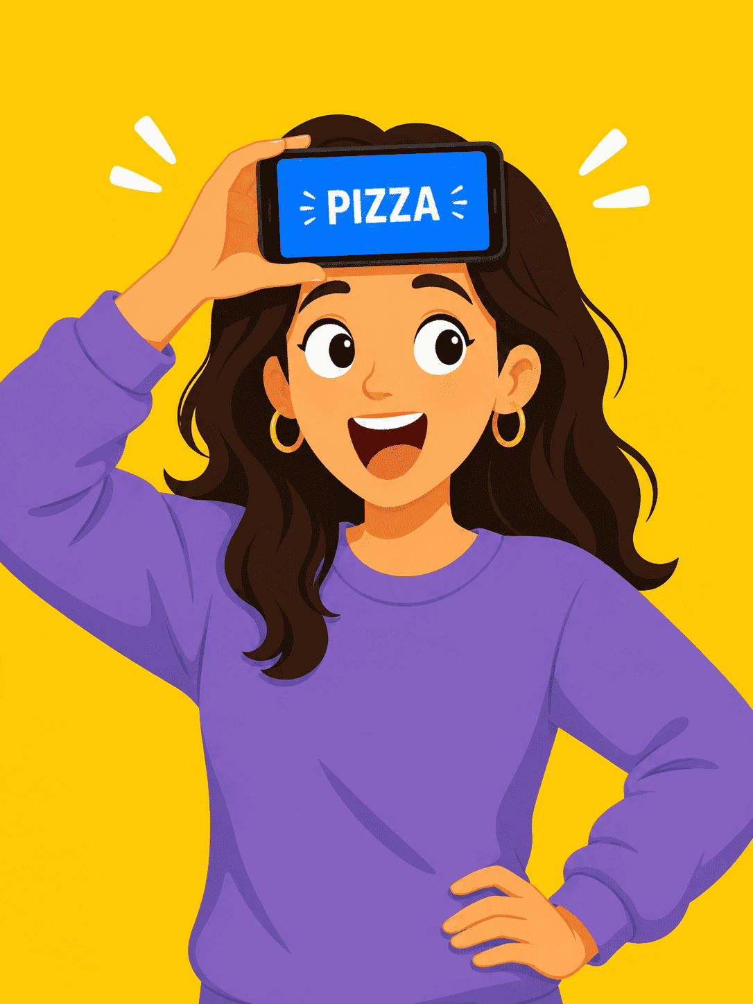 A player holds a phone showing the word PIZZA to their forehead